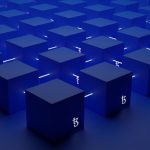 a group of blue cubes with numbers on them